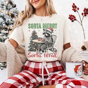 Sorta Merry Sorta Feral Christmas Raccoon Shirt, Funny Holiday Graphic Tee, Cozy